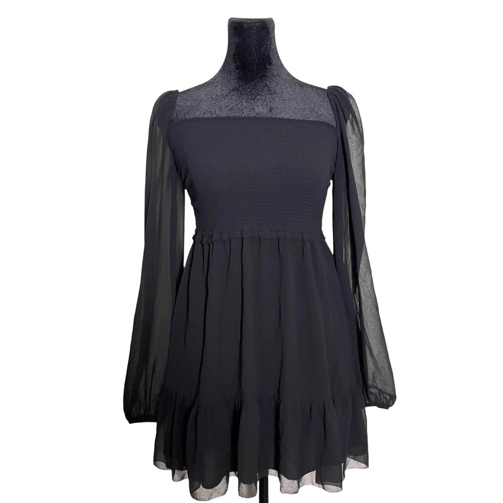 Aritzia Wilfred New Tempest Smocked Chiffon Black Mini Blouson Dress — Small - Picture 3 of 14